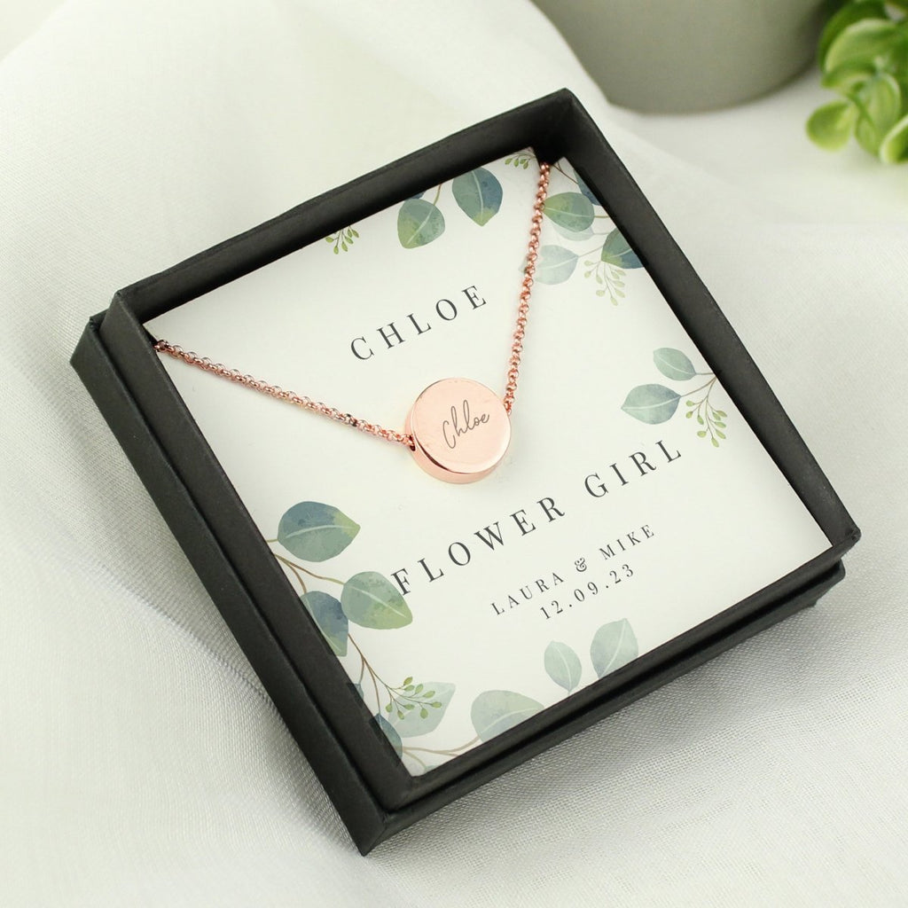 Personalised Bridesmaid Or Flowergirl Rose Gold Tone Necklace & Gift Box
