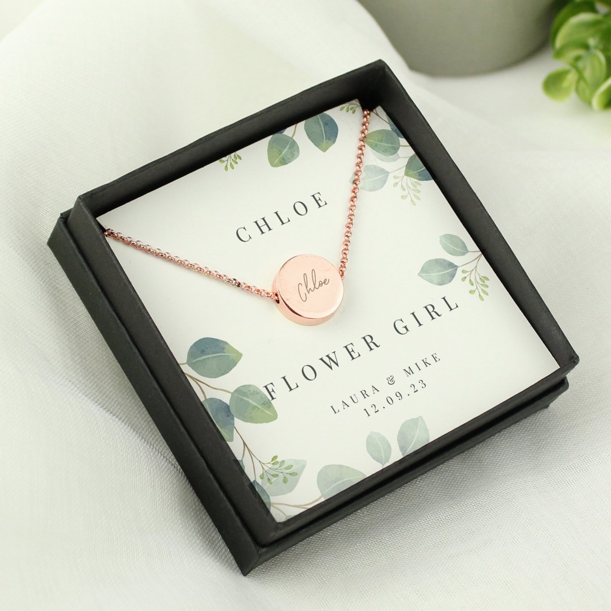 Personalised Bridesmaid Or Flowergirl Rose Gold Tone Necklace & Gift Box