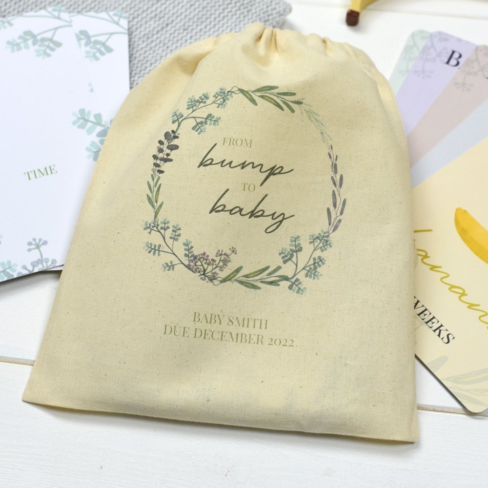 Personalised Bump To Baby Milestone Cards In Drawstring Bag