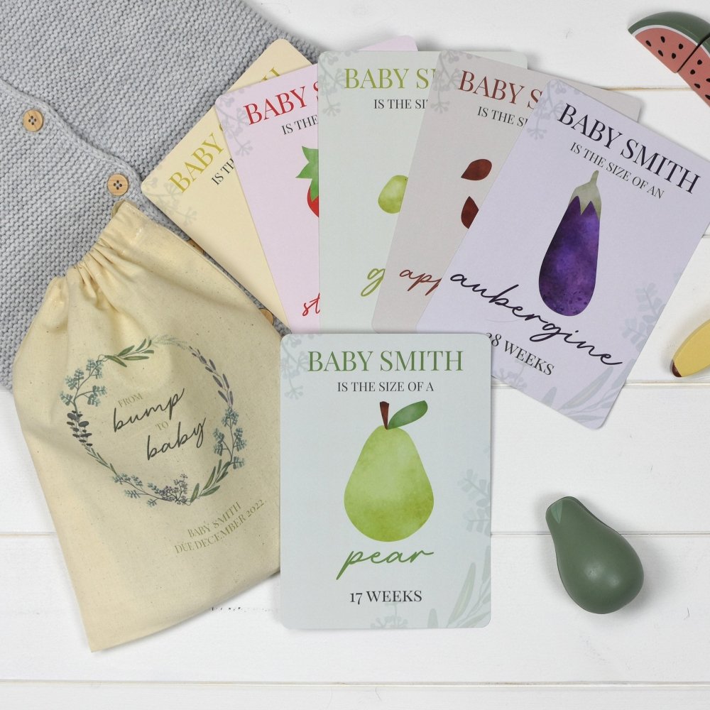 Personalised Bump To Baby Milestone Cards In Drawstring Bag