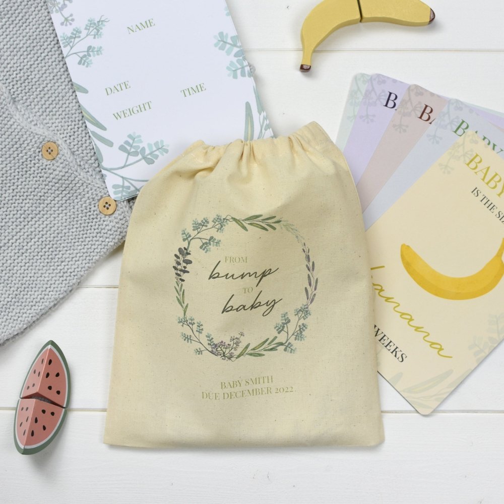 Personalised Bump To Baby Milestone Cards In Drawstring Bag