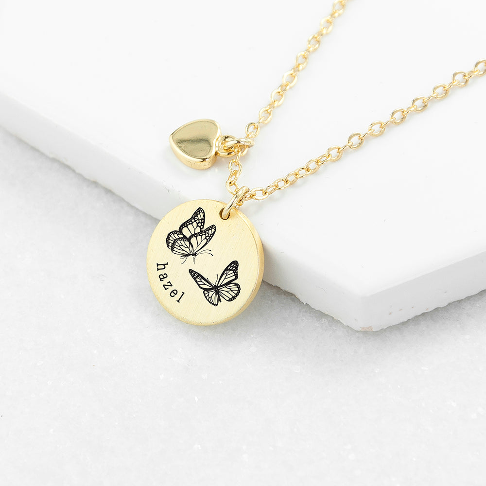 Personalised Personalised Butterfly Dance Matte Heart & Disc Necklace