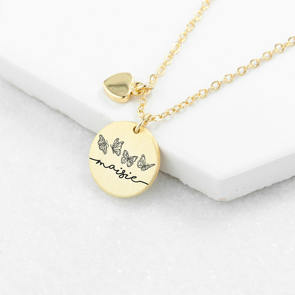 Personalised Personalised Butterfly Row Matte Heart & Disc Necklace