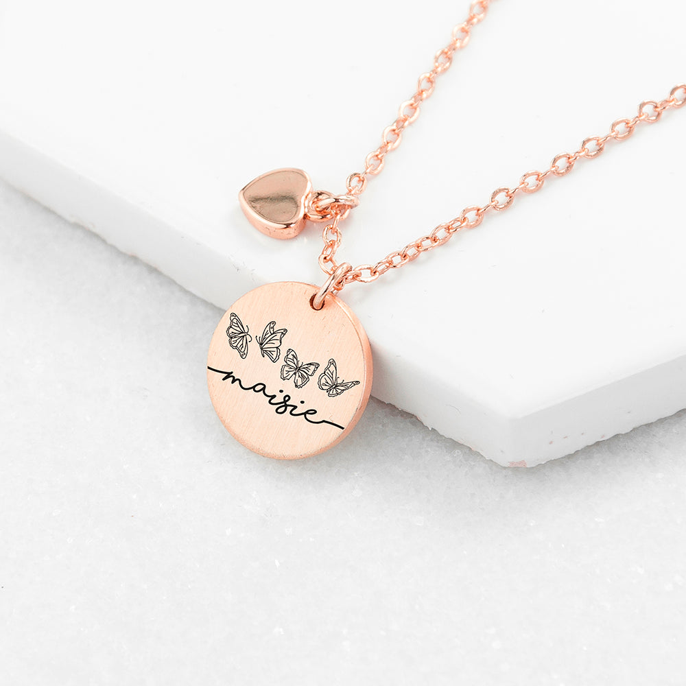 Personalised Personalised Butterfly Row Matte Heart & Disc Necklace