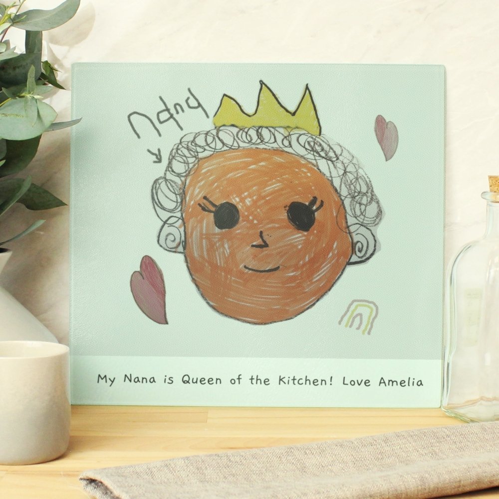 Personalised Childrens Drawing Photo Upload Glass Chopping Board/Worktop Saver