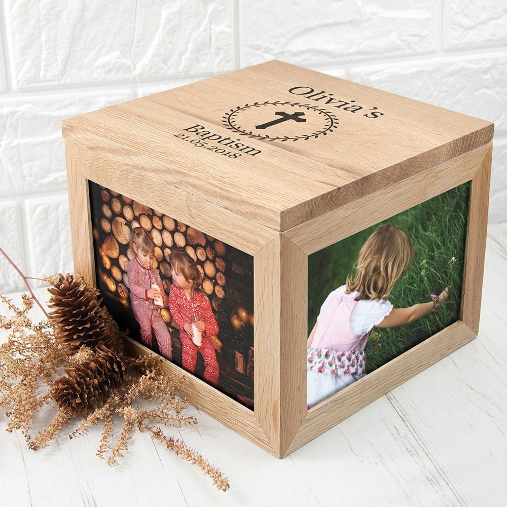 Personalised Christening Cross Oak Photo Keepsake Box