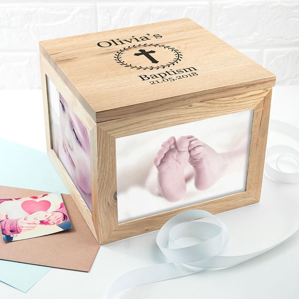 Personalised Christening Cross Oak Photo Keepsake Box