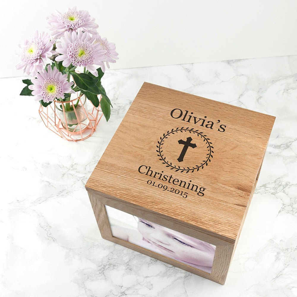Personalised Christening Cross Oak Photo Keepsake Box
