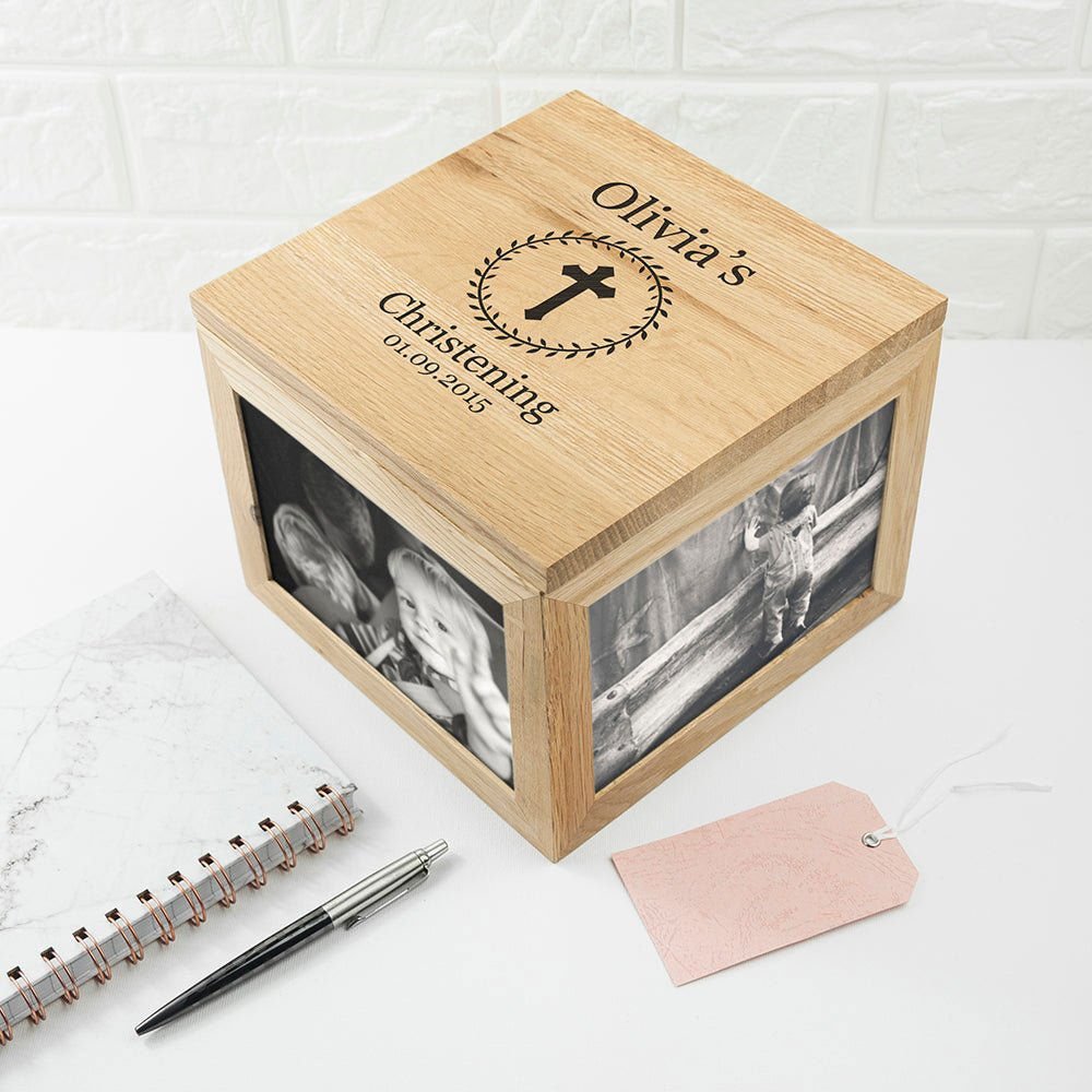Personalised Christening Cross Oak Photo Keepsake Box