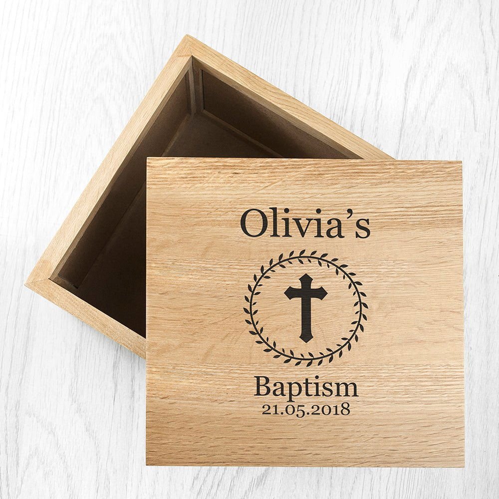 Personalised Christening Cross Oak Photo Keepsake Box