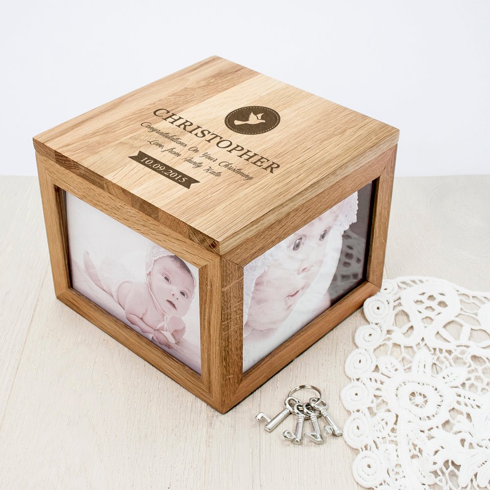 Personalised Christening Oak Photo Keepsake Box