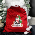 Personalised Christmas Penguin Luxury Pom Pom Red Children's Christmas Sack