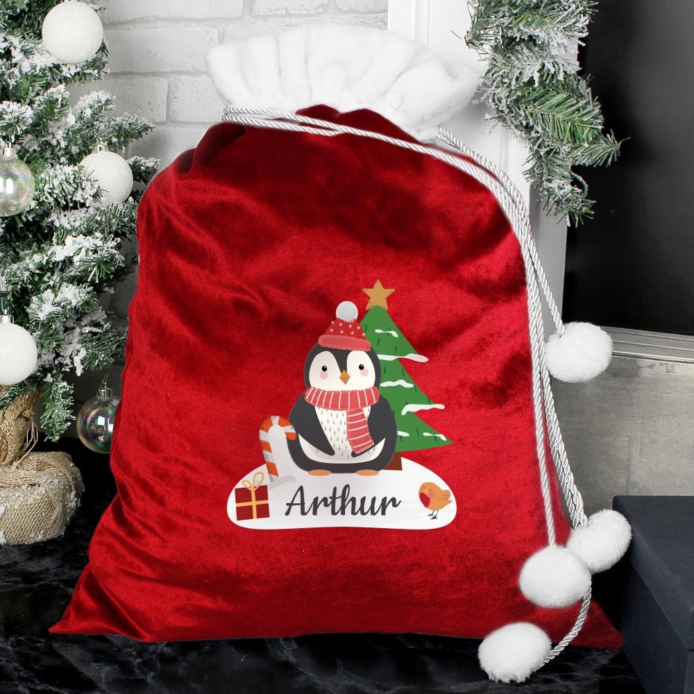 Personalised Christmas Penguin Luxury Pom Pom Red Children's Christmas Sack