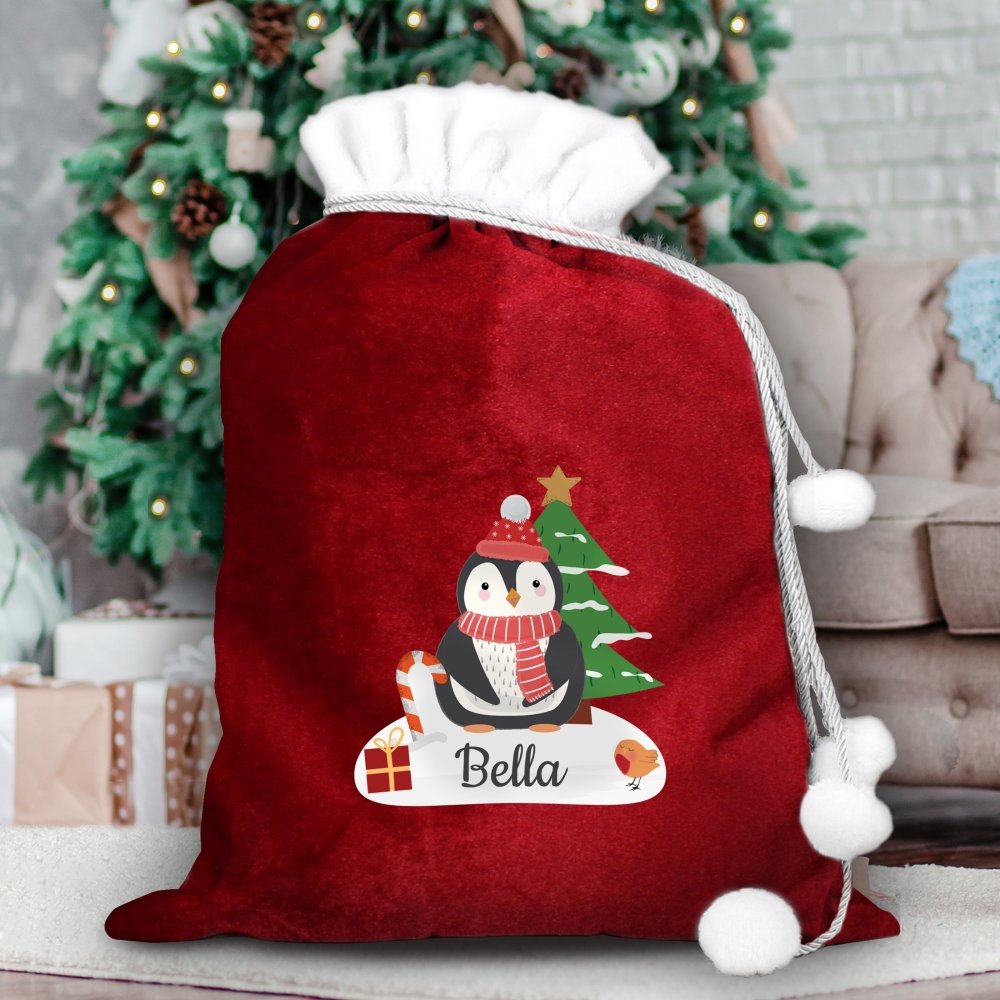 Personalised Christmas Penguin Luxury Pom Pom Red Children's Christmas Sack