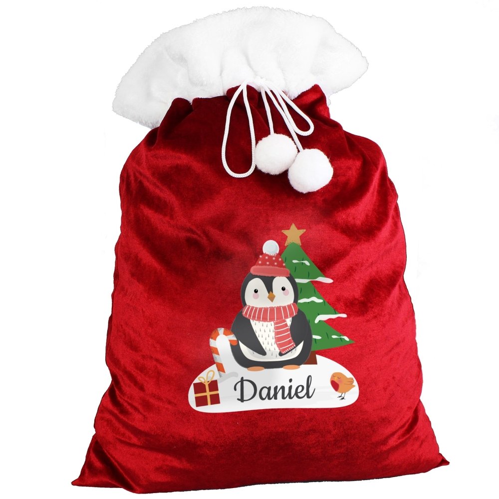 Personalised Christmas Penguin Luxury Pom Pom Red Children's Christmas Sack