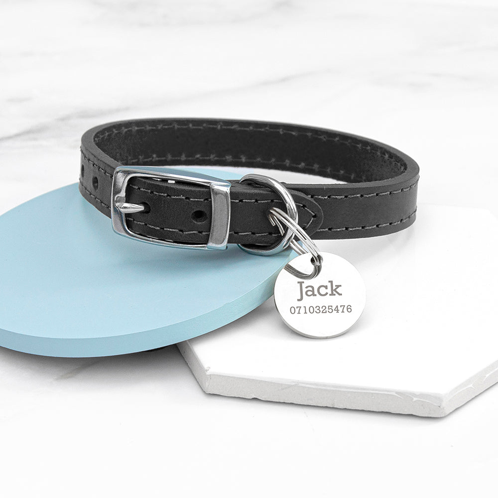 Personalised Personalised Classic Black Leather Dog Collar with Tag