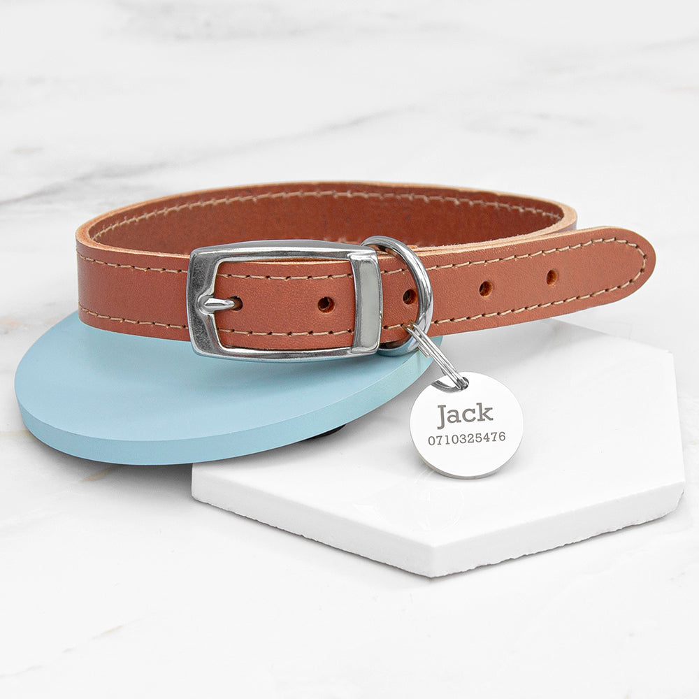 Personalised Personalised Classic Brown Leather Dog Collar with Tag