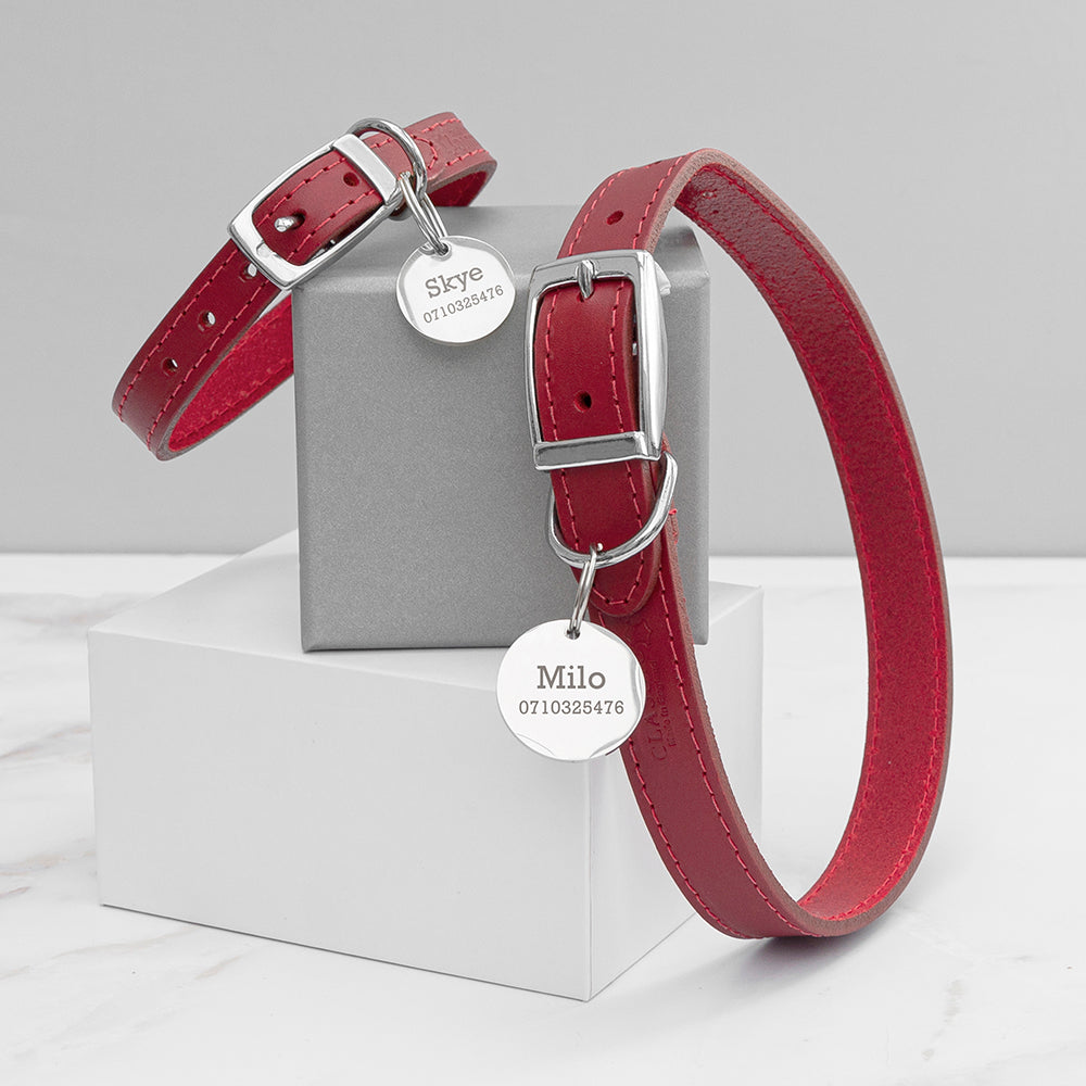 Personalised Personalised Classic Red Leather Dog Collar with Tag