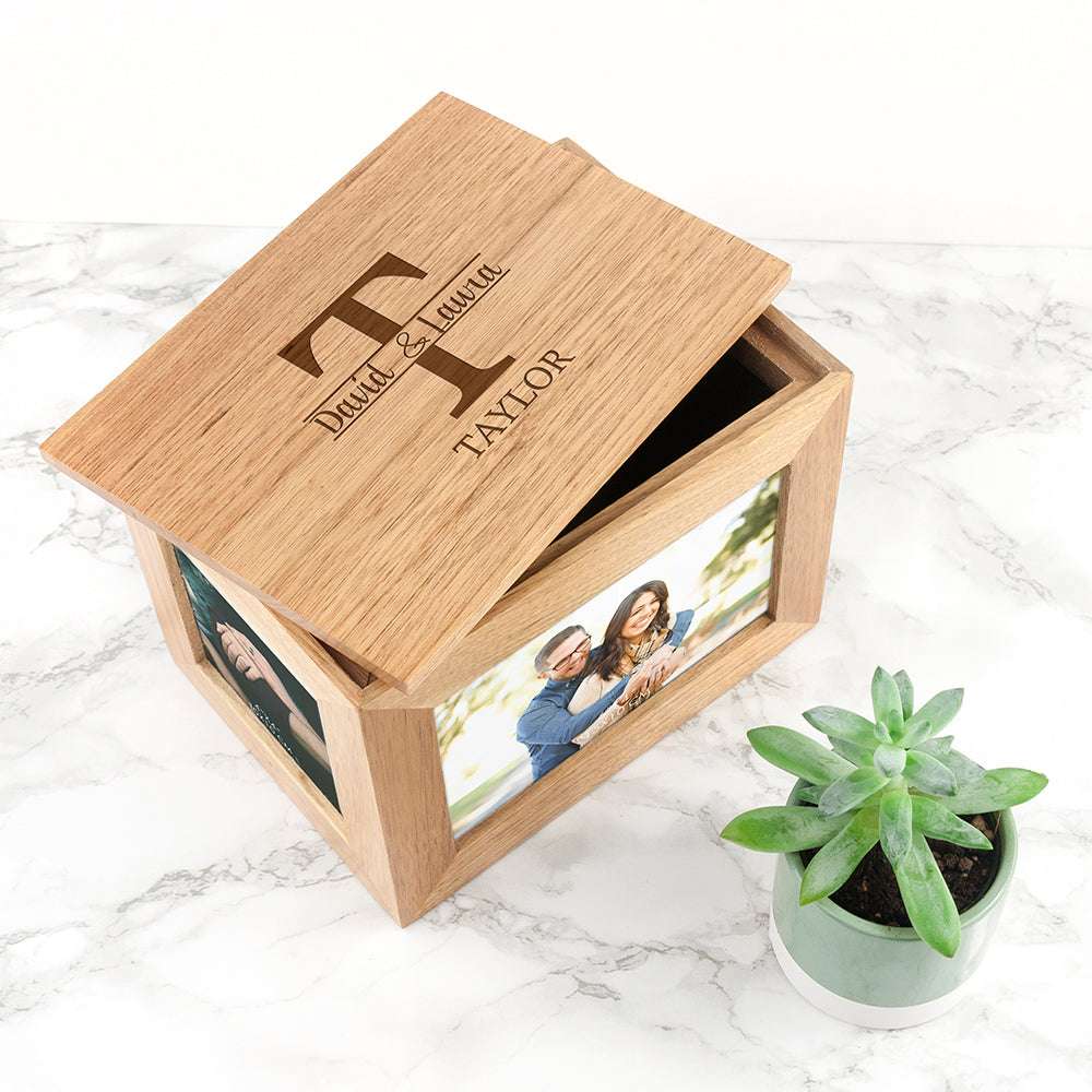 Personalised Couple Monogram Midi Oak Photo Cube Keepsake Box