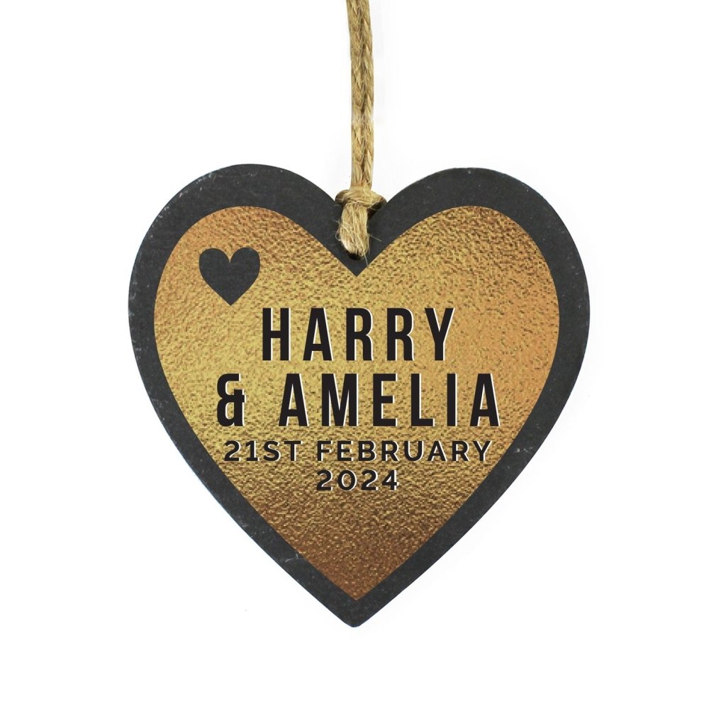 Personalised Couples Gold Printed Slate Heart Decoration