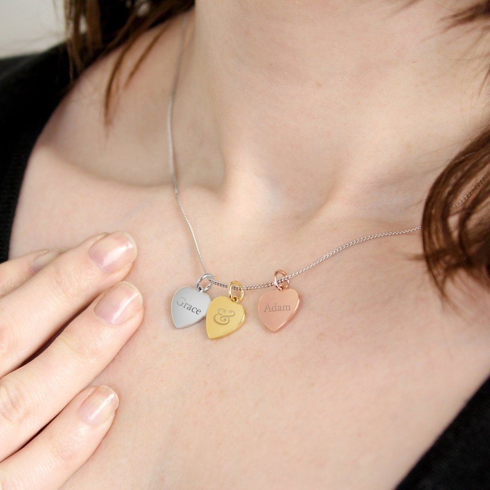 Personalised Couples Gold Rose Gold And Silver 3 Hearts Necklace