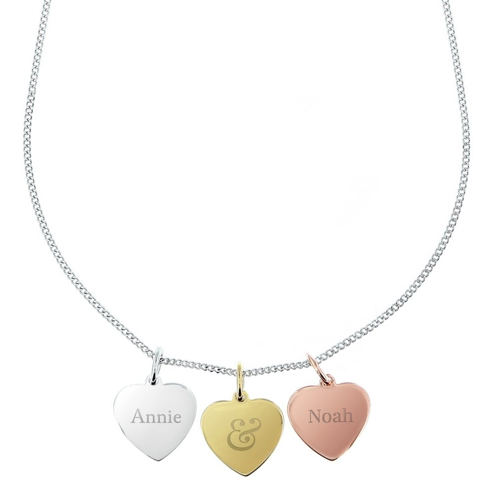 Personalised Couples Gold Rose Gold And Silver 3 Hearts Necklace