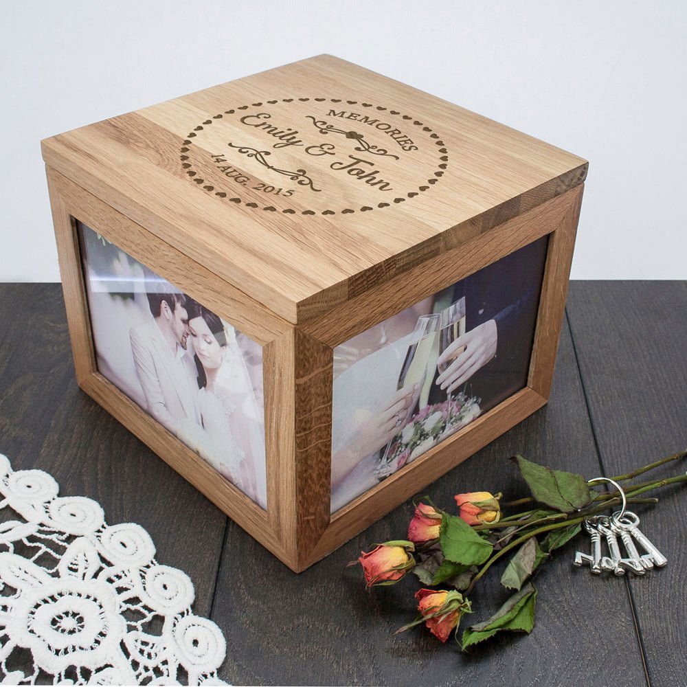 Personalised Couples' Oak Photo Keepsake Box with Heart Frame