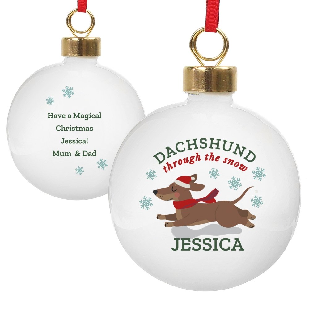 Personalised 'Dachshund Through The Snow' Christmas Tree Bauble