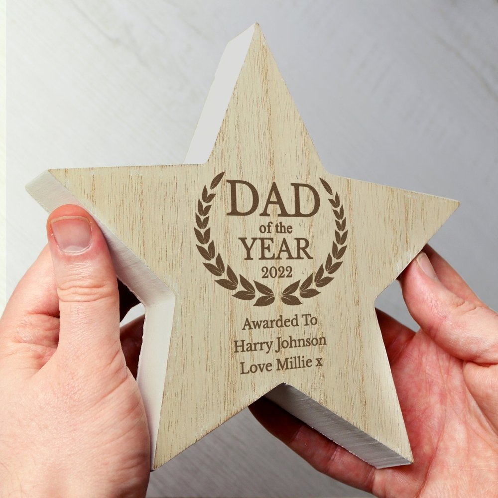 Personalised Dad Of The Year Rustic Wooden Star Decoration