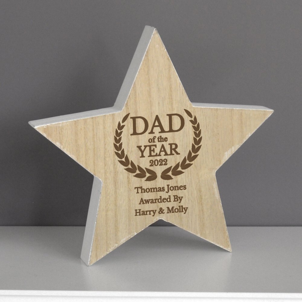 Personalised Dad Of The Year Rustic Wooden Star Decoration