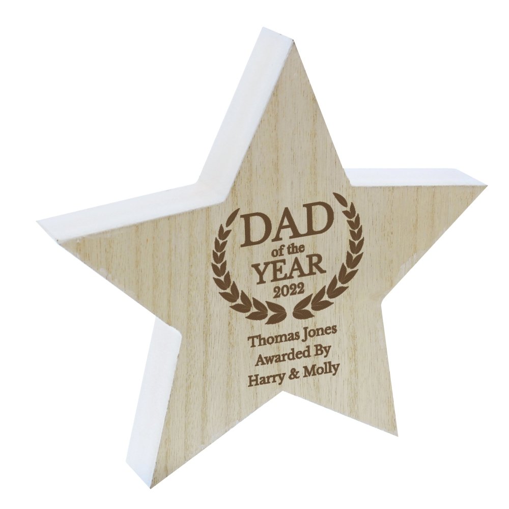Personalised Dad Of The Year Rustic Wooden Star Decoration