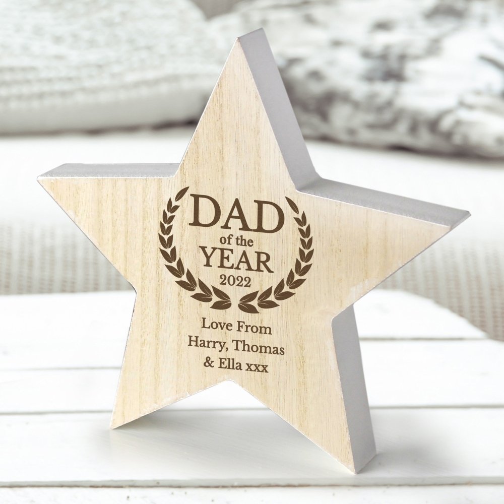 Personalised Dad Of The Year Rustic Wooden Star Decoration