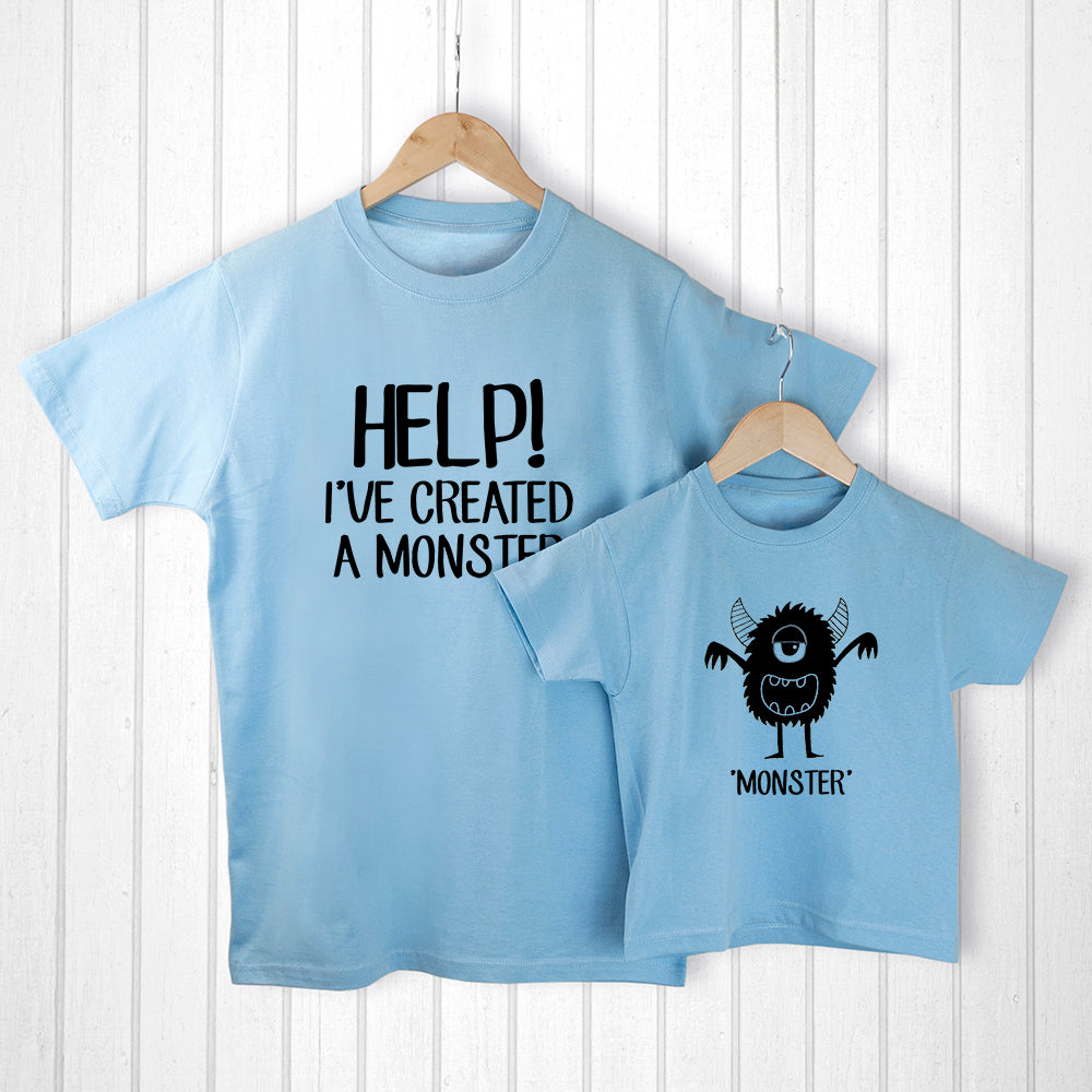 Personalised Personalised Daddy and Me Little Monster Blue T-Shirts