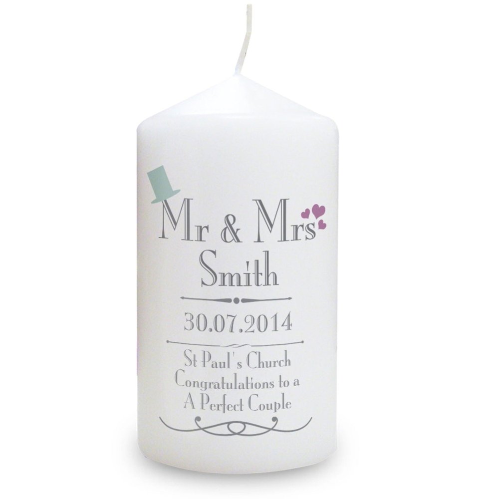 Personalised Decorative Wedding Mr & Mrs Pillar Candle