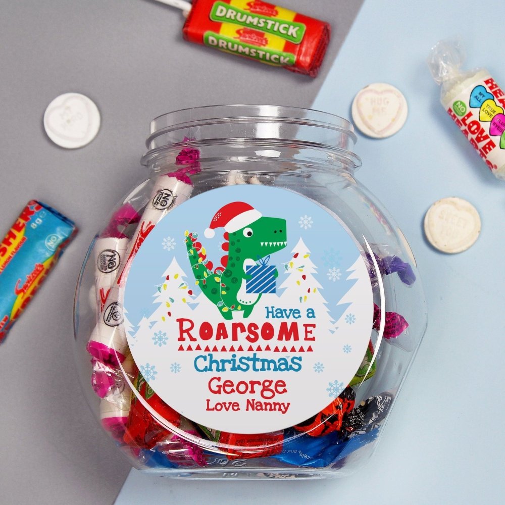 Personalised Dinosaur 'Have A Roarsome Christmas' Sweet Jar