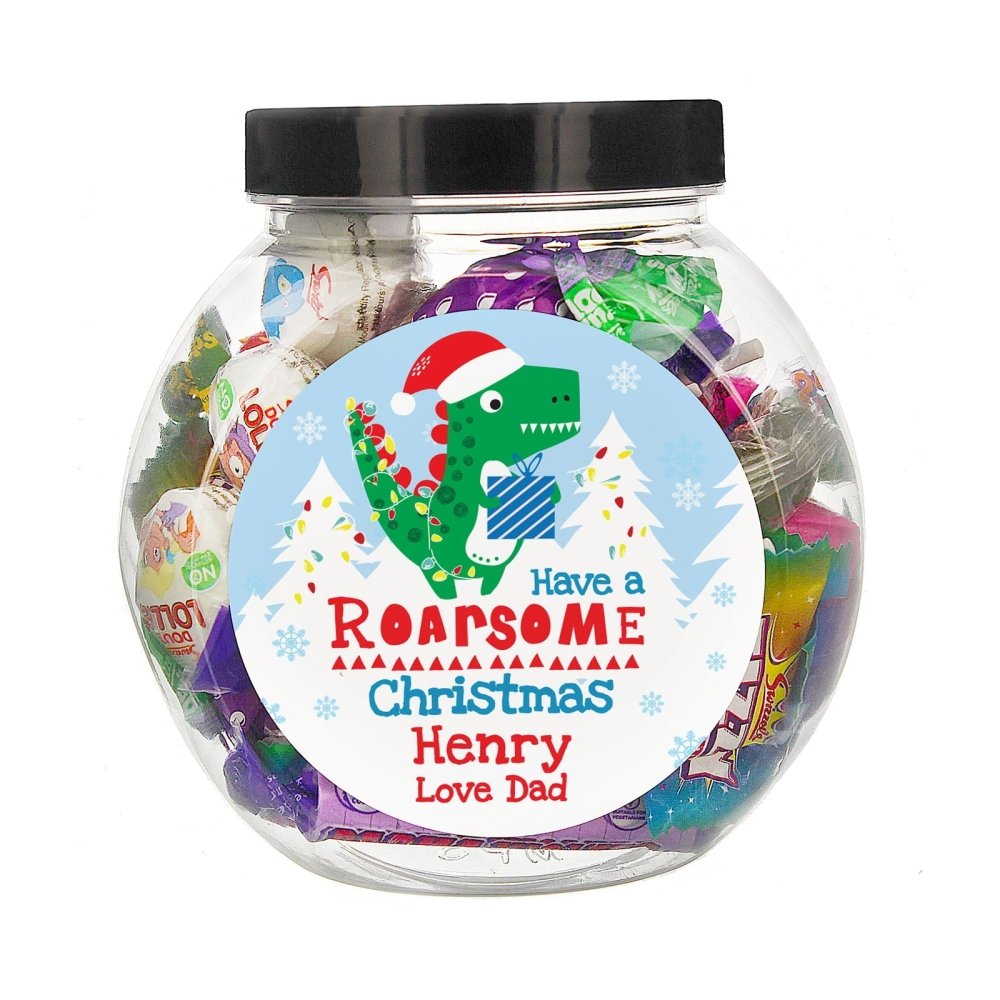 Personalised Dinosaur 'Have A Roarsome Christmas' Sweet Jar