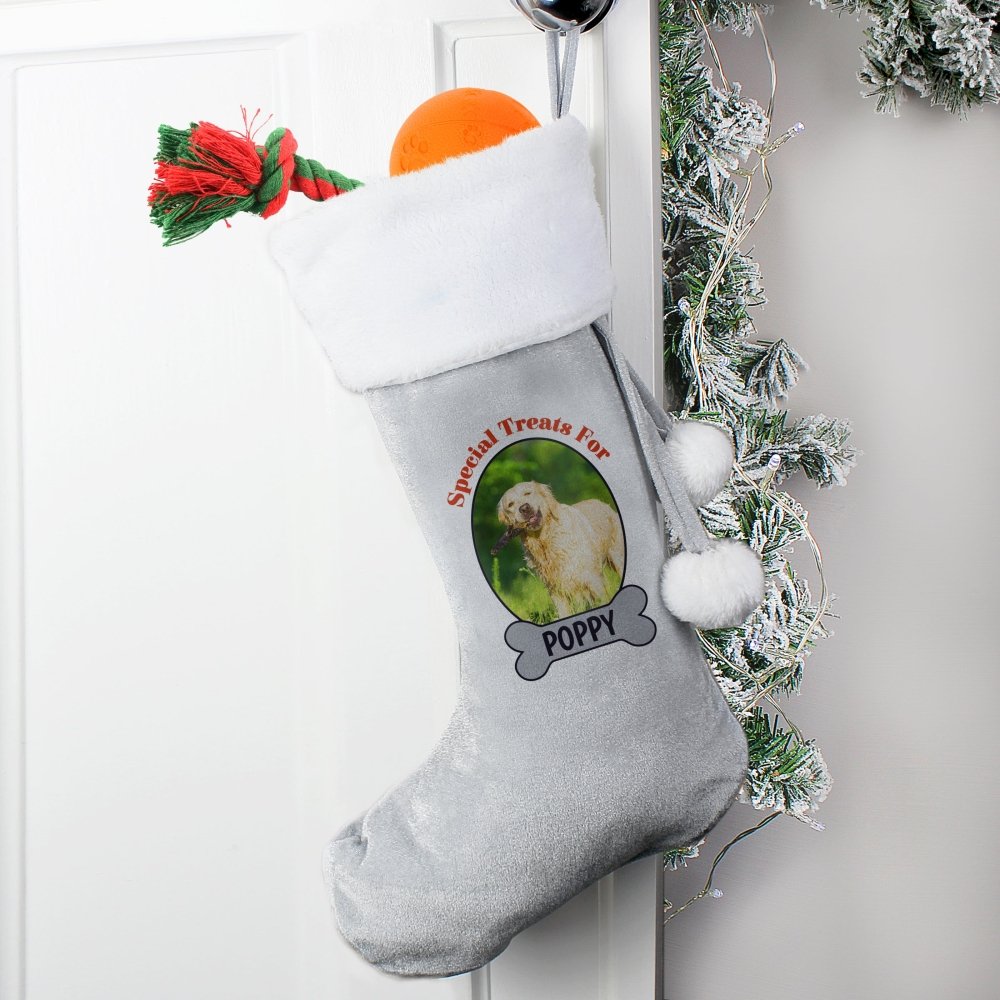 Personalised Dog Photo Upload Silver Grey Stocking