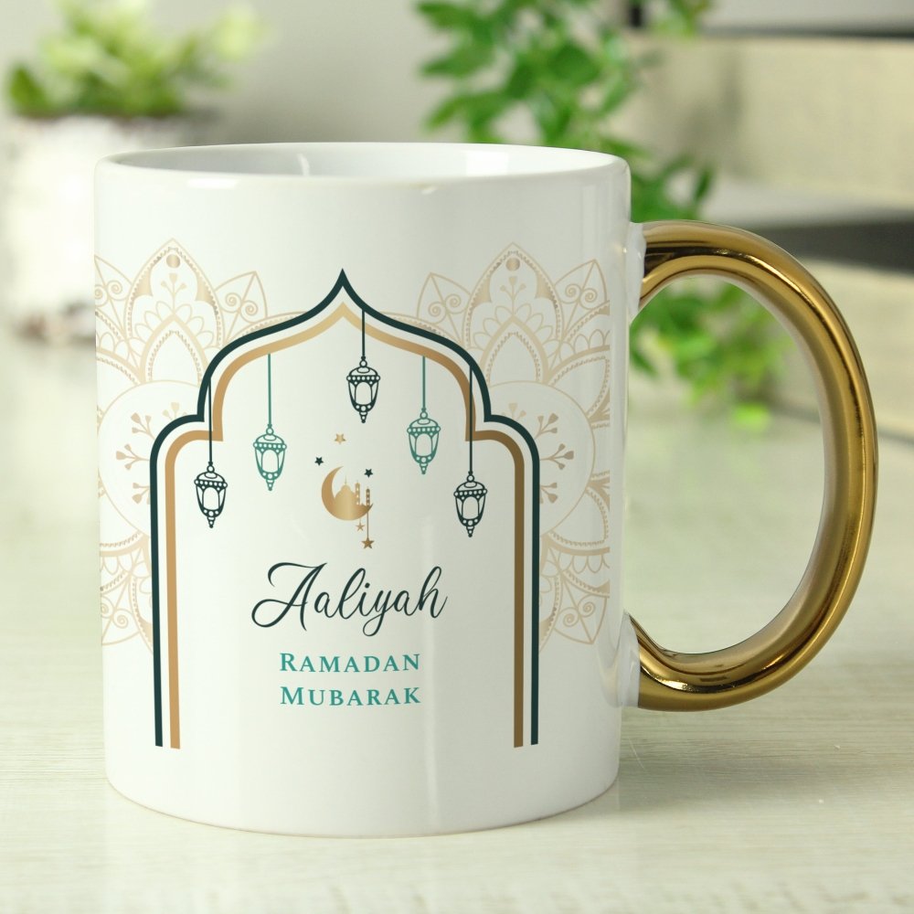 Personalised Eid And Ramadan Gold HandLED Mug