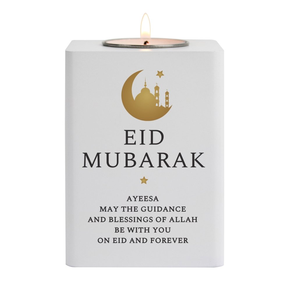 Personalised Eid White Wooden Tea Light Holder