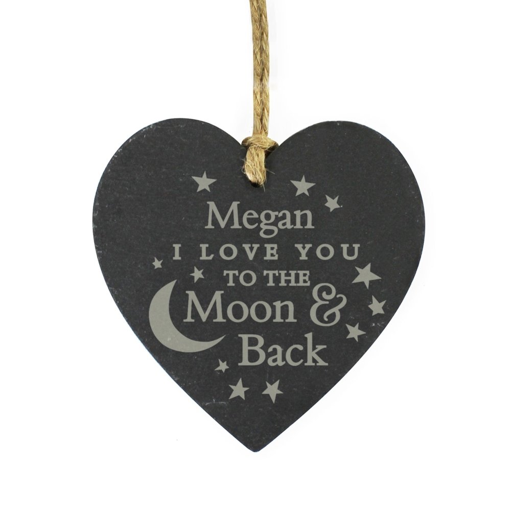 Personalised Engraved Moon And Back Slate Heart Decoration