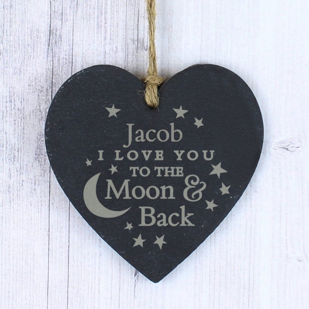 Personalised Engraved Moon And Back Slate Heart Decoration