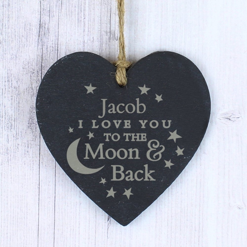 Personalised Engraved Moon And Back Slate Heart Decoration