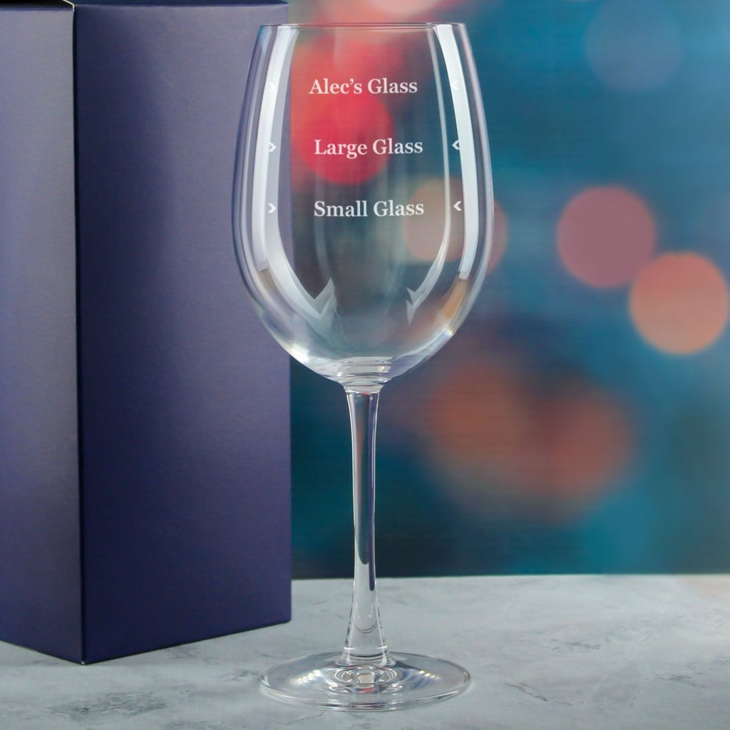 Personalised Engraved Reserva Wine Glass with Name's Glass Serif Measurements Design, Customise with Any Name
