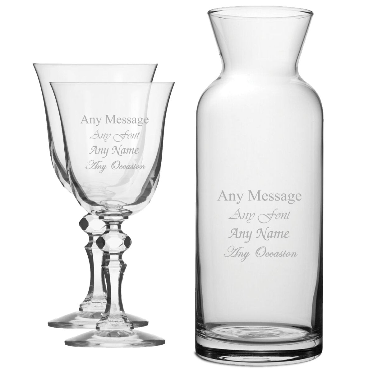 Personalised Engraved Set of 2 Crystal Jasmine Wine Glass and Village Carafe Set