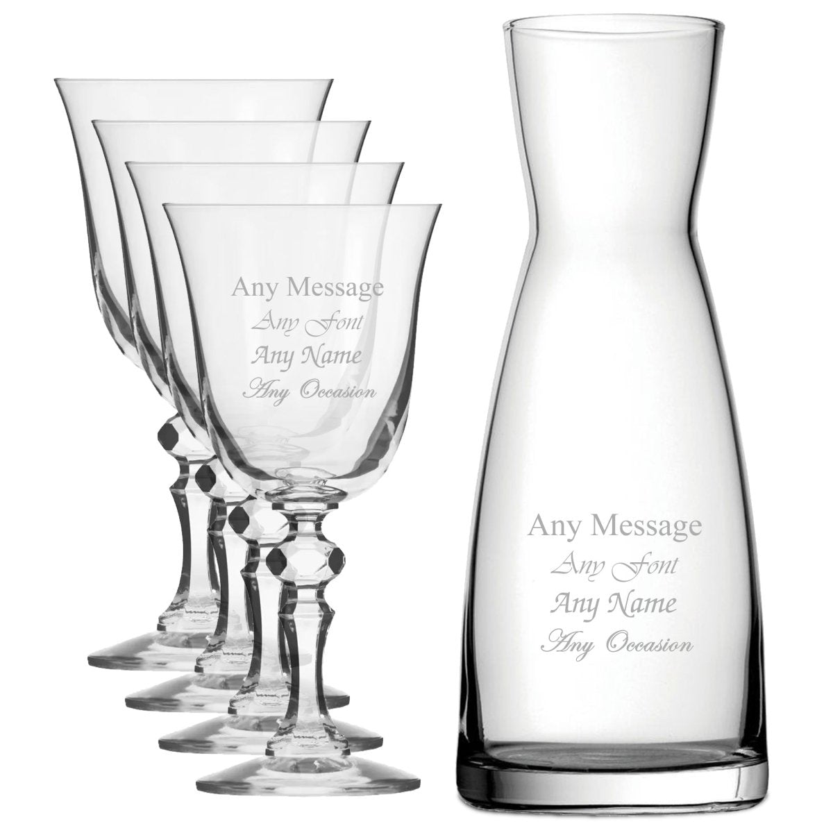 Personalised Engraved Set of 4 Crystal Jasmine Wine Glass and Contemporary Carafe Set