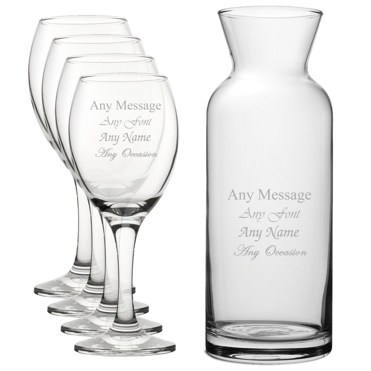 Personalised Engraved Set of 4 Pure Wine Glass and Village Carafe Set