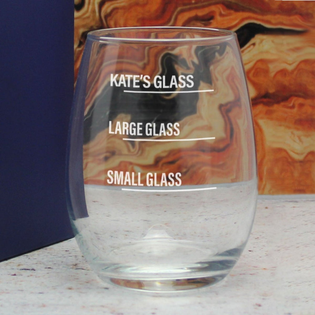 Personalised Engraved Stemless Amber Wine Glass with Name's Glass Bold Measurements Design, Customise with Any Name