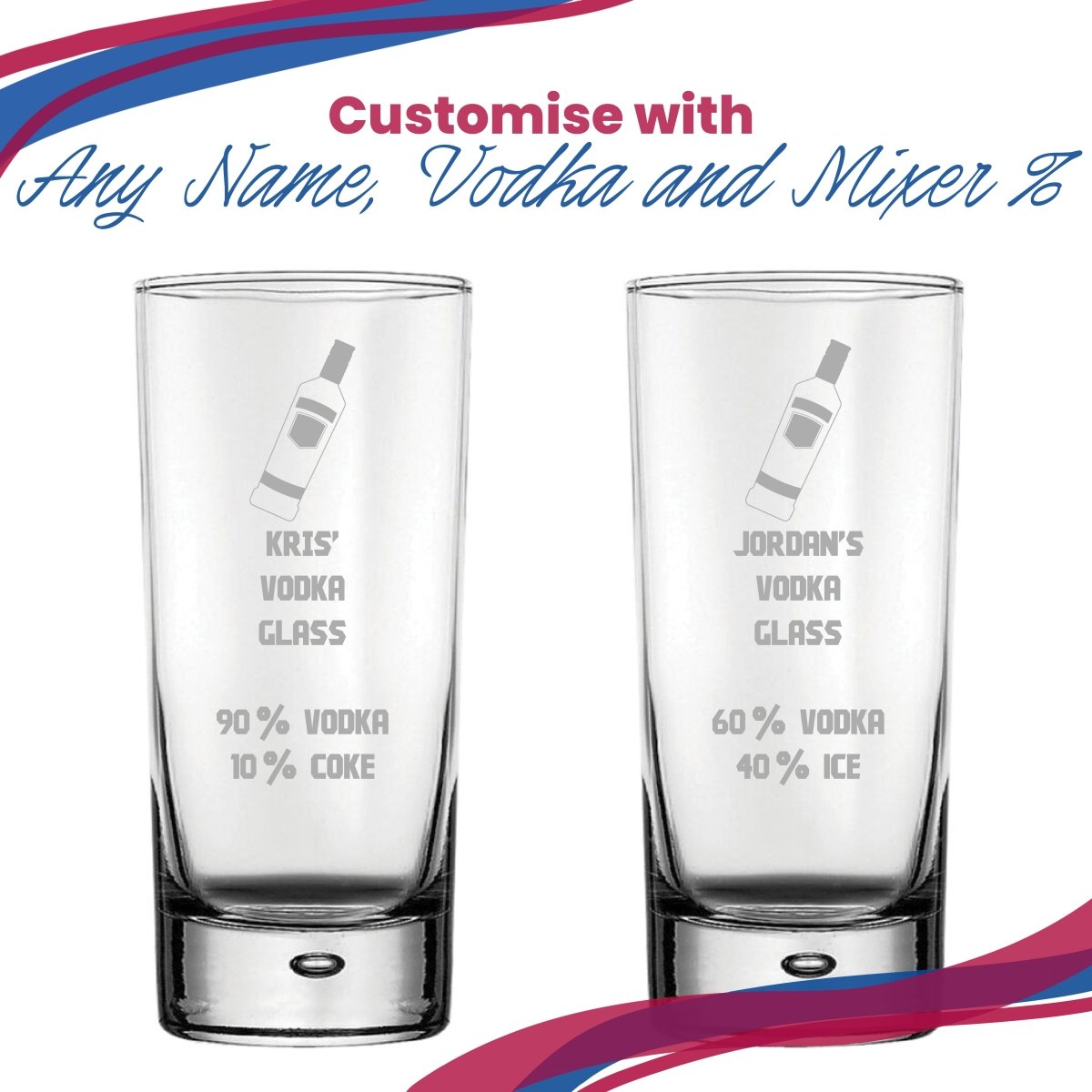 Personalised Engraved Vodka Bubble Hiball with 'Name's Vodka Glass and Mixer' Design