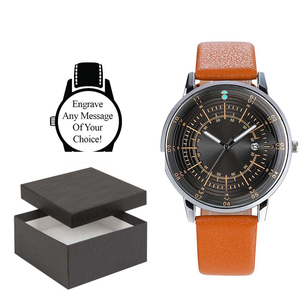 Personalised Engraved Watch Brown Leather Strap With a Face Ready For Business