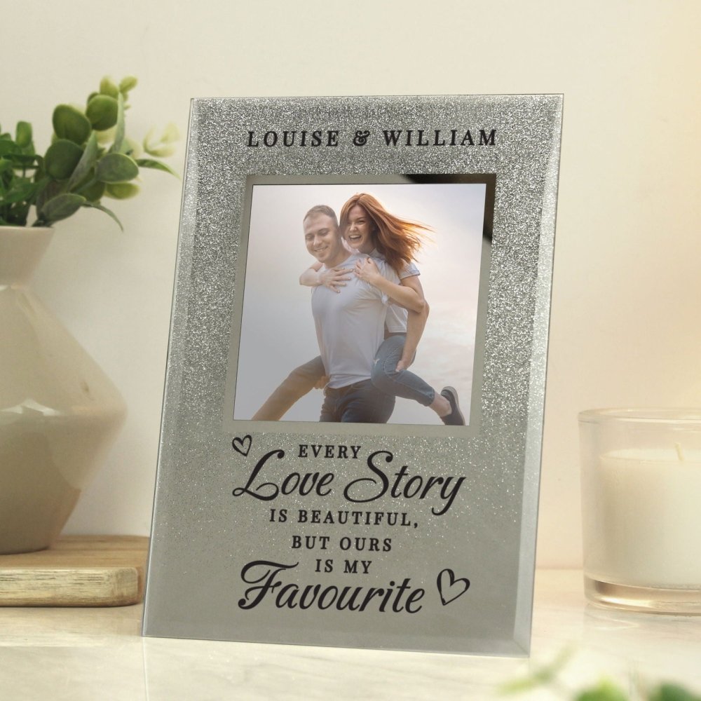 Personalised Every Love Story Is Beautiful 4x4 Inch Glitter Glass Photo Frame